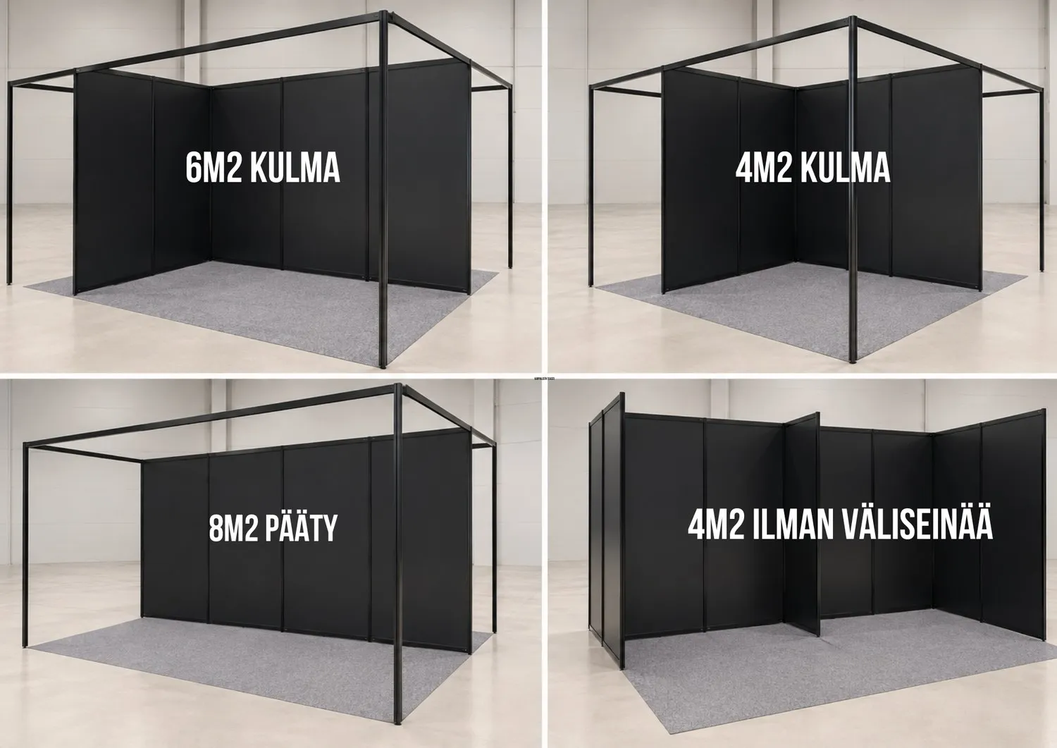 Esimerkkejä osastomalleista: 6 m² kulma, 4 m² kulma, 8 m² pääty ja 4 m² ilman väliseinää